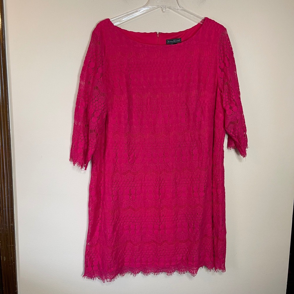 Jessica Howard Womens 24W Hot Pink Lace 3/4 Sleeve Sheath Dress Eyelash Fringe